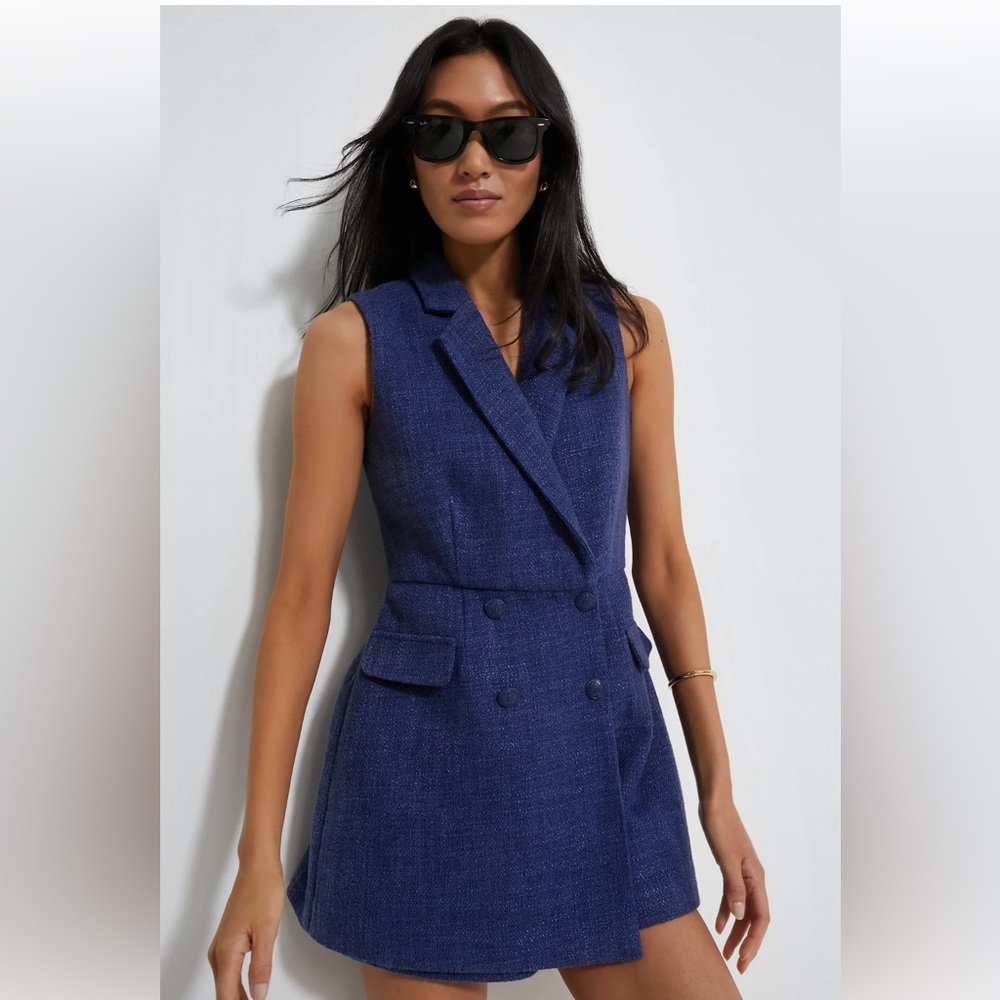 Tuckernuck POMANDER PLACE Navy Tweed Campbell Romper, size small